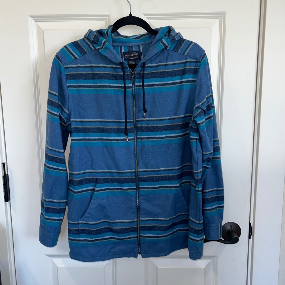 Pendleton Women's 100% Wool Boyfriend Zip‎ Up Hoodie Blue Stripes Size Medium